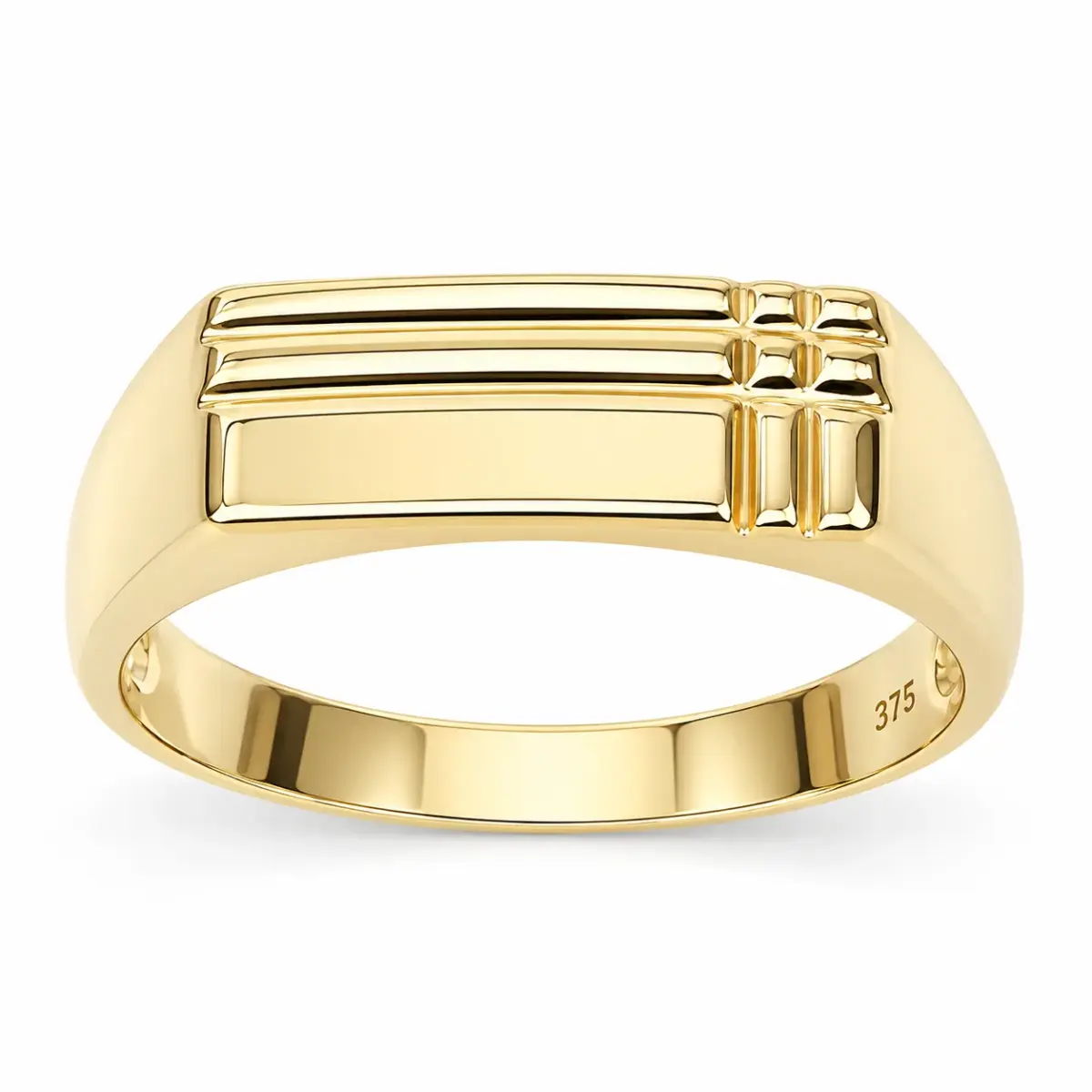 9ct Yellow Gold Gents Rectangular Signet Wedding Ring with Recessed Line Detail - 9YD6863