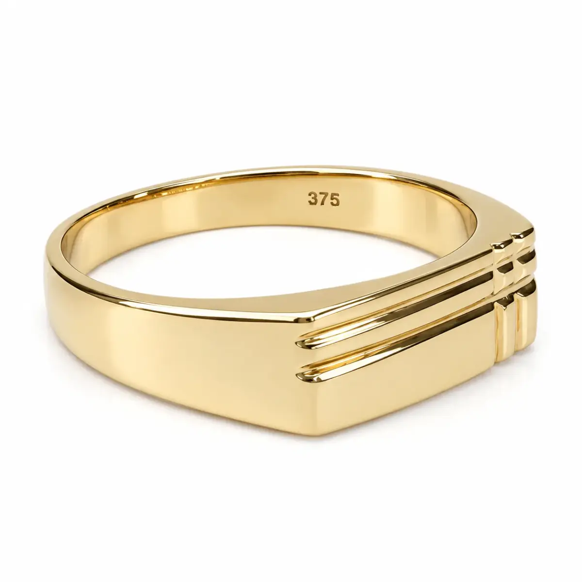 9ct Yellow Gold Gents Rectangular Signet Wedding Ring with Recessed Line Detail - 9YD6863