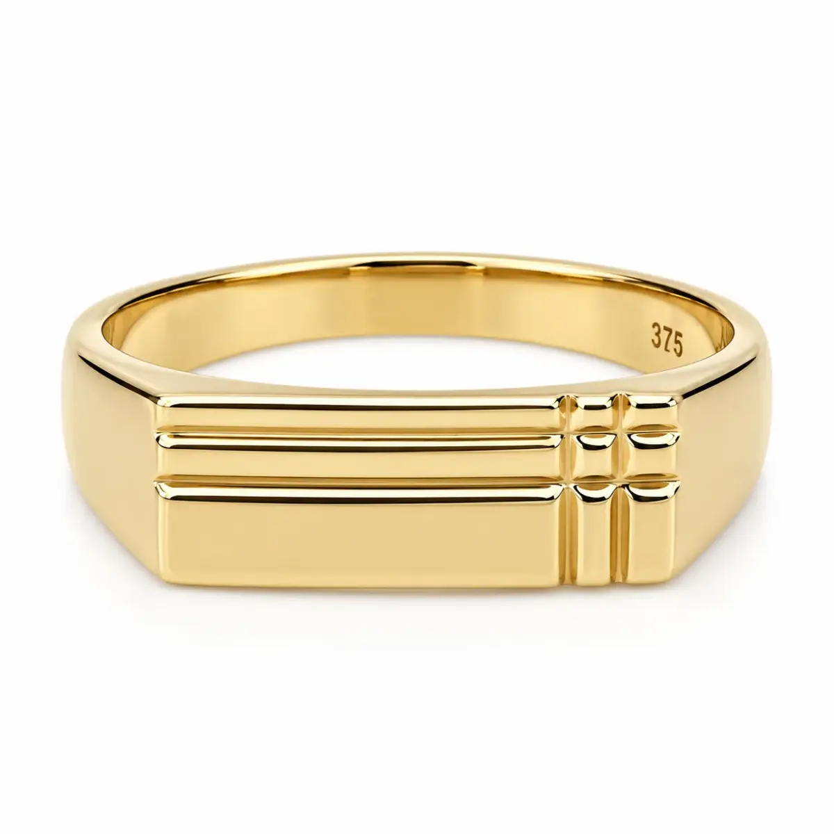 9ct Yellow Gold Gents Rectangular Signet Wedding Ring with Recessed Line Detail - 9YD6863