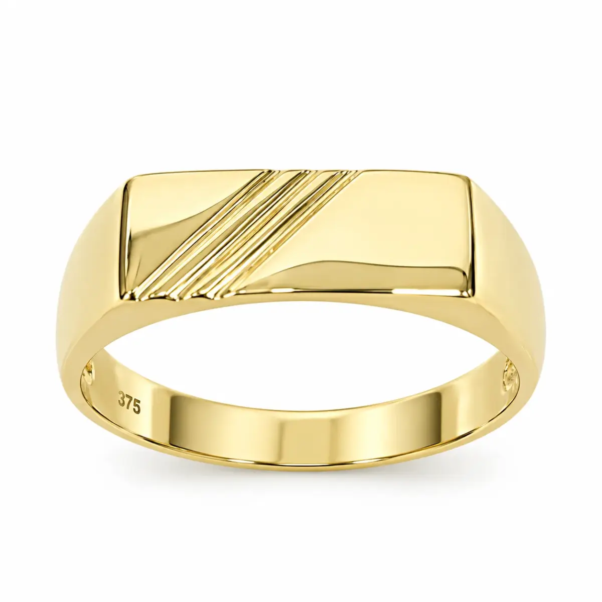 9ct Yellow Gold Gents Rectangular Signet Wedding Ring with Triple Recessed Line Detail - 9YD6866
