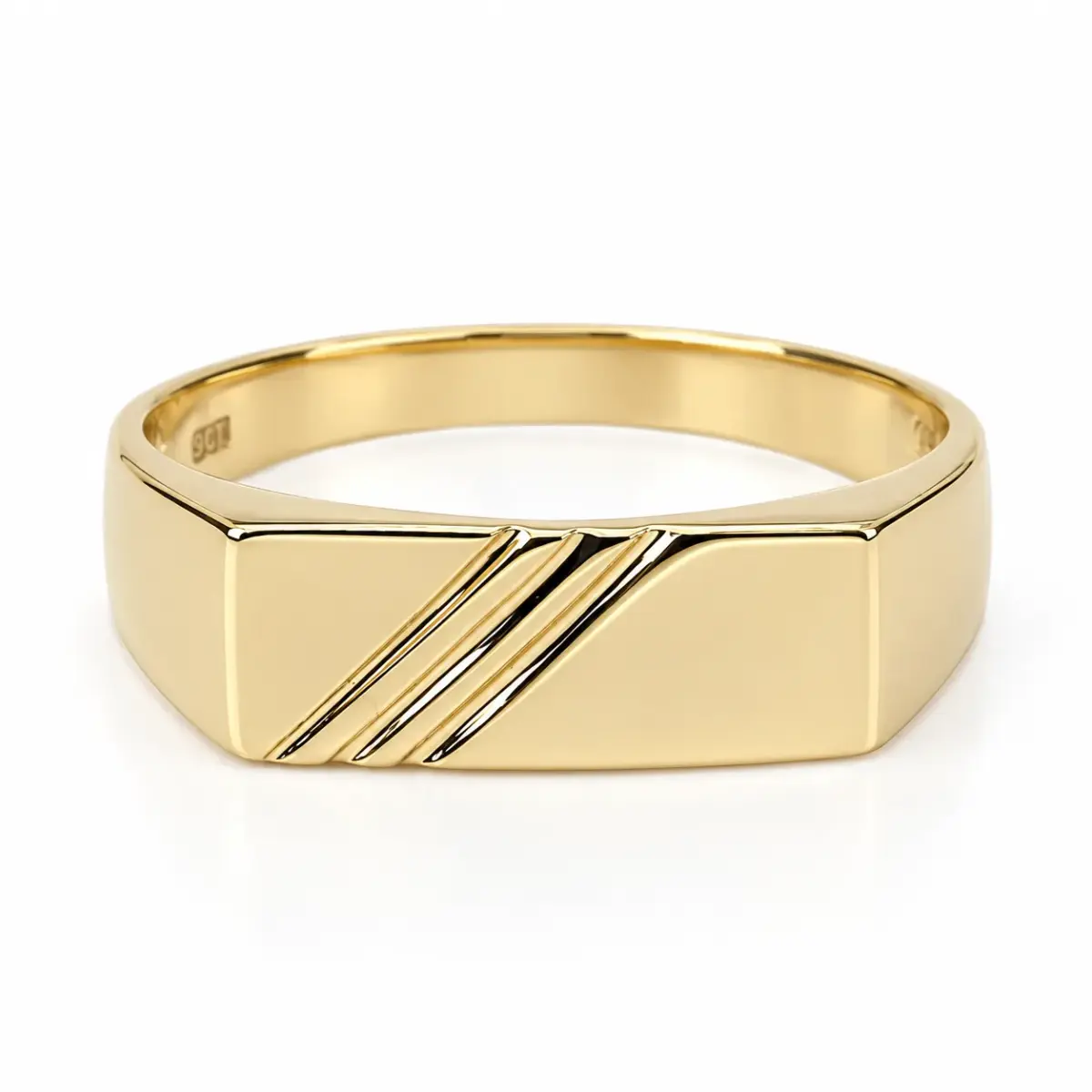 9ct Yellow Gold Gents Rectangular Signet Wedding Ring with Triple Recessed Line Detail - 9YD6866