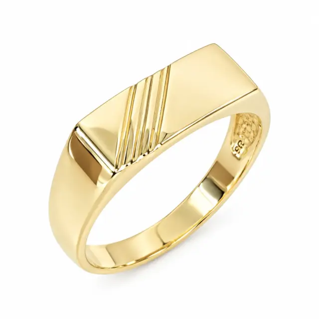 9ct Yellow Gold Gents Rectangular Signet Wedding Ring with Triple Recessed Line Detail - 9YD6866