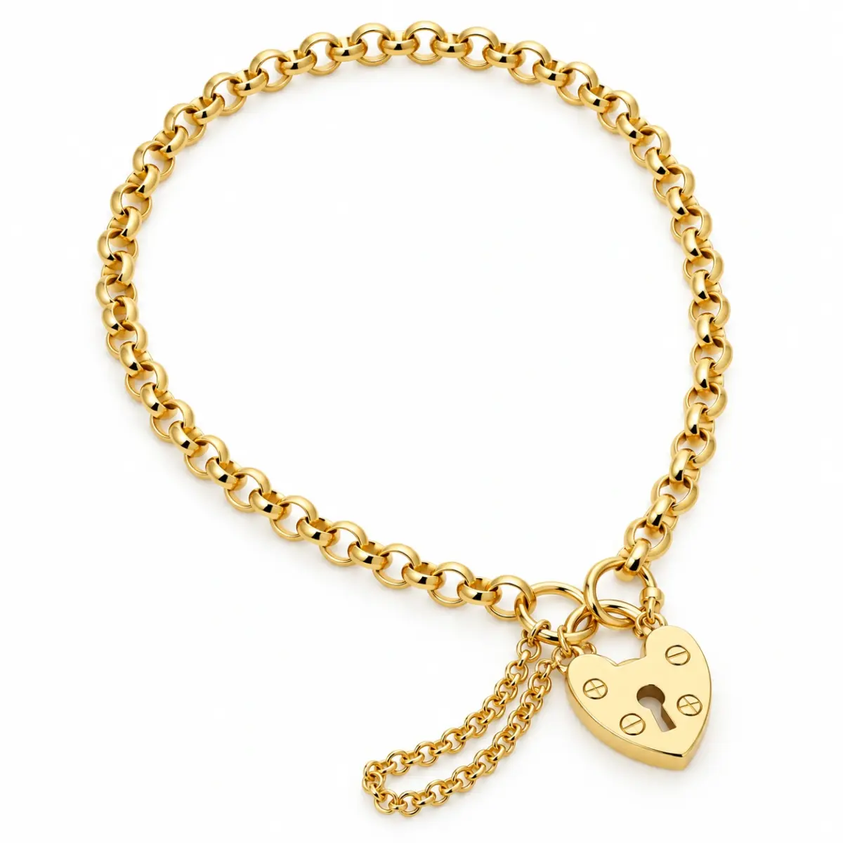 9ct Yellow Gold Hollow Round Belcher Bracelet with Heart Padlock & Safety Chain – 17.5cm | Made in Italy - 1.29.9751
