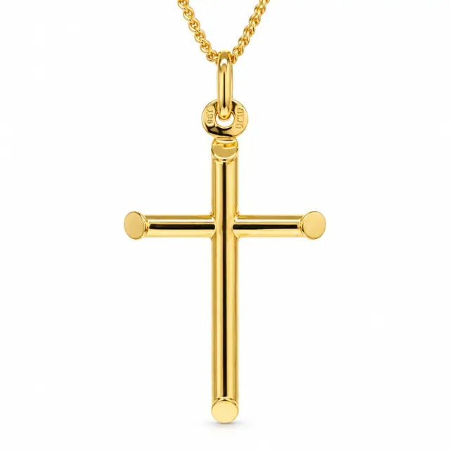 9ct Yellow Gold Italian Made Chiselled Edge Cross Pendant 30mm with Display Chain - 9Y5P0102