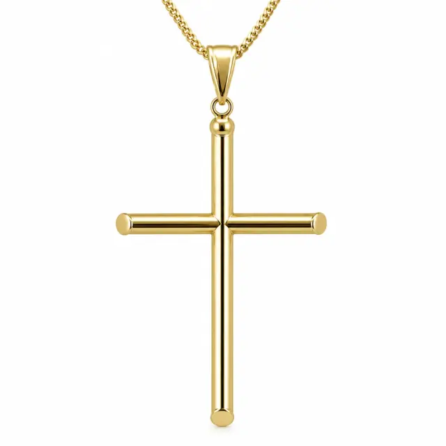 9ct Yellow Gold Italian Made Chiselled Edge Cross Pendant – 47mm - 9Y5P0012