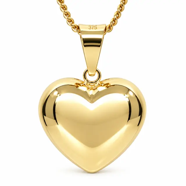 9ct Yellow Gold Italian Puff Heart Pendant – 16mm