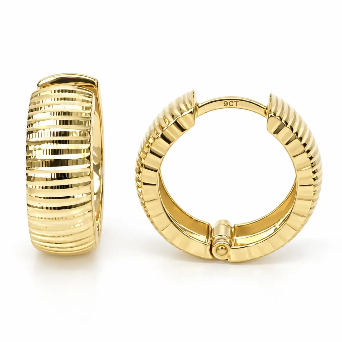 9ct Yellow Gold Multi-Faceted Diamond Cut Hoop Earrings – 5.90mm Wide, 12mm Internal Diameter - 1.51.2609