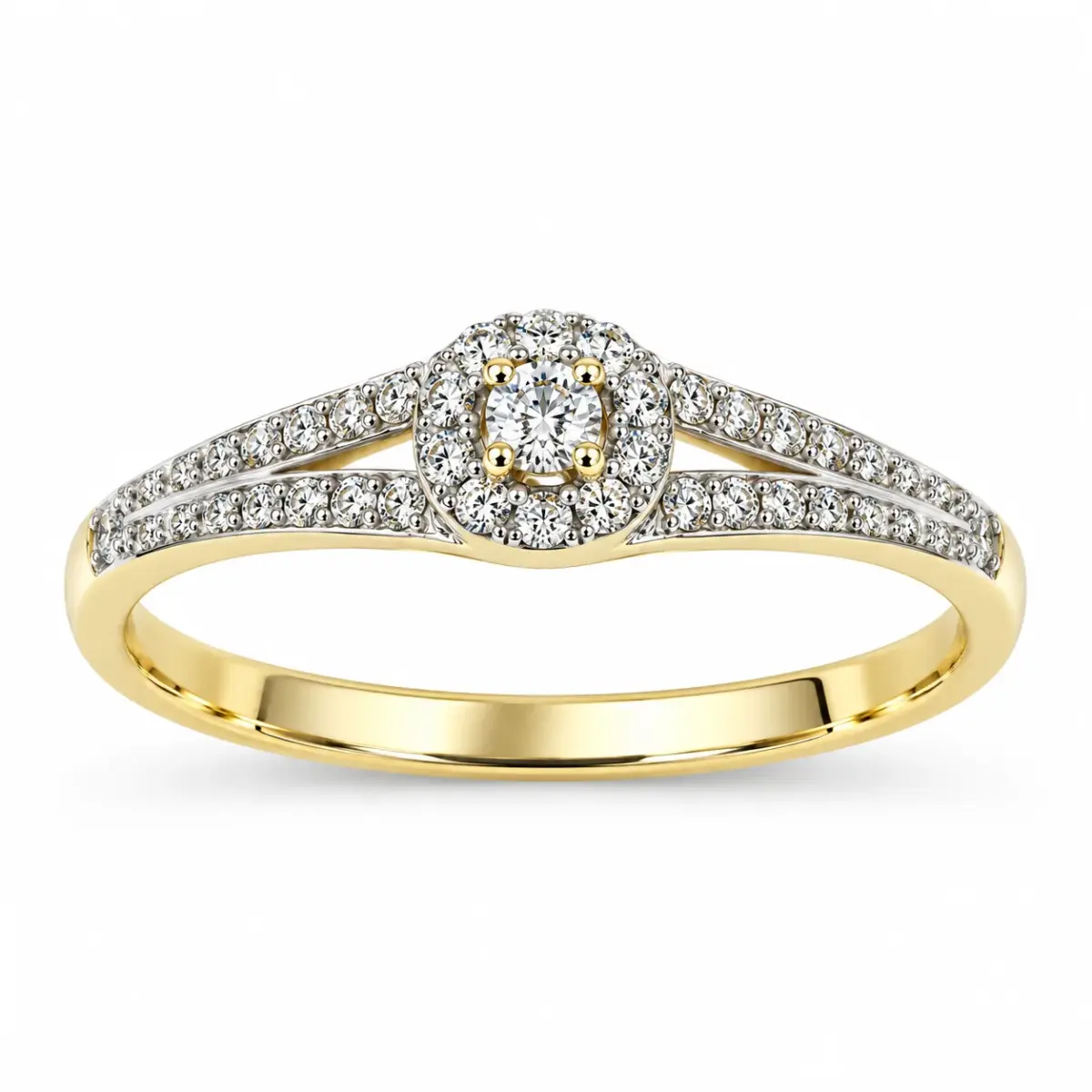 9ct Yellow Gold Round Cubic Zirconia Halo Cluster Ring with Split CZ Shoulders - 9YCYR6818