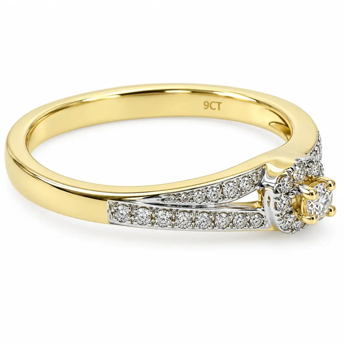 9ct Yellow Gold Round Cubic Zirconia Halo Cluster Ring with Split CZ Shoulders - 9YCYR6818