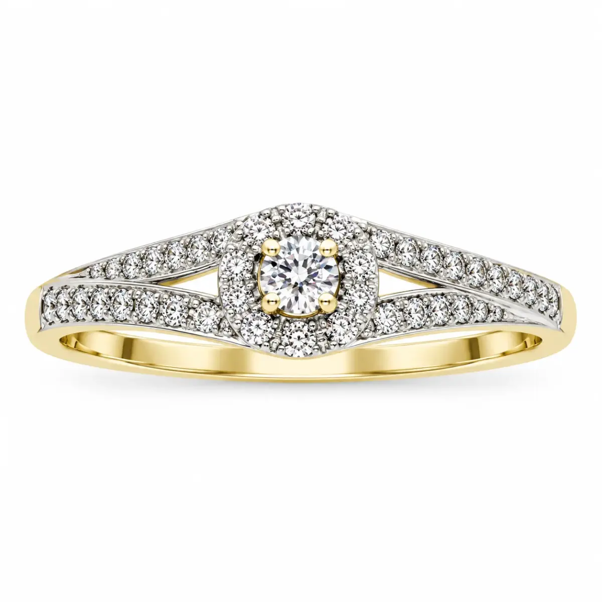 9ct Yellow Gold Round Cubic Zirconia Halo Cluster Ring with Split CZ Shoulders - 9YCYR6818