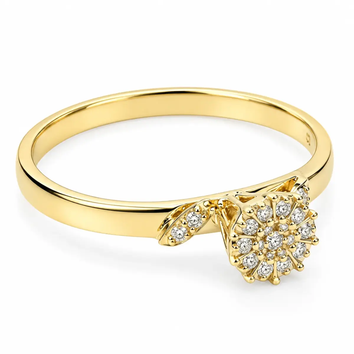 9ct Yellow Gold Round CZ Cluster Engagement Ring with Leaf-Style Shoulders