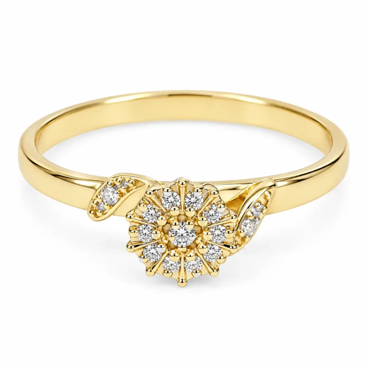 9ct Yellow Gold Round CZ Cluster Engagement Ring with Leaf-Style Shoulders