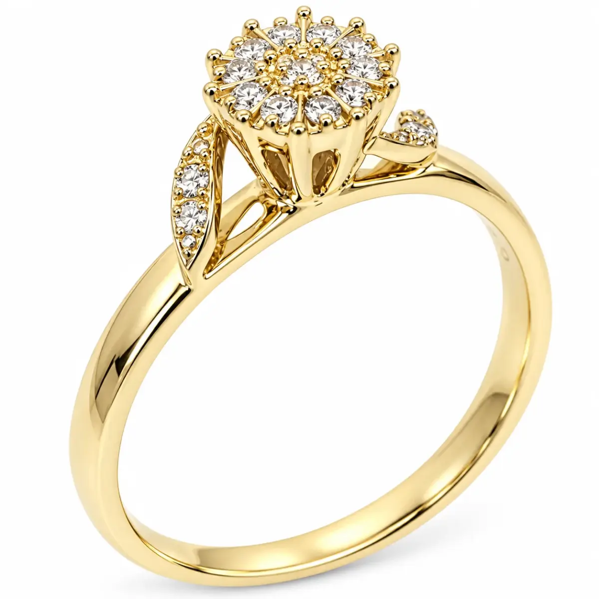 9ct Yellow Gold Round CZ Cluster Engagement Ring with Leaf-Style Shoulders