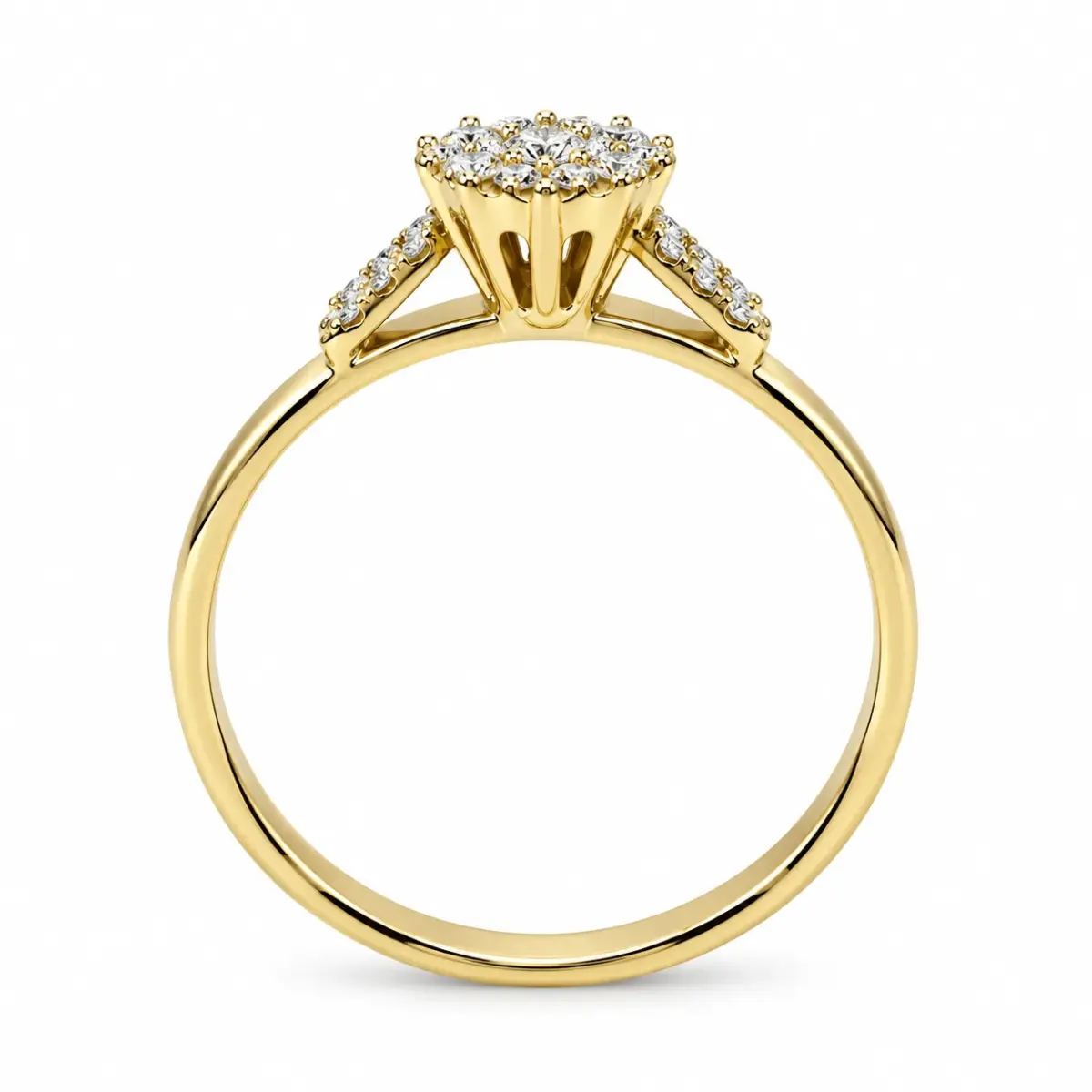 9ct Yellow Gold Round CZ Cluster Engagement Ring with Leaf-Style Shoulders