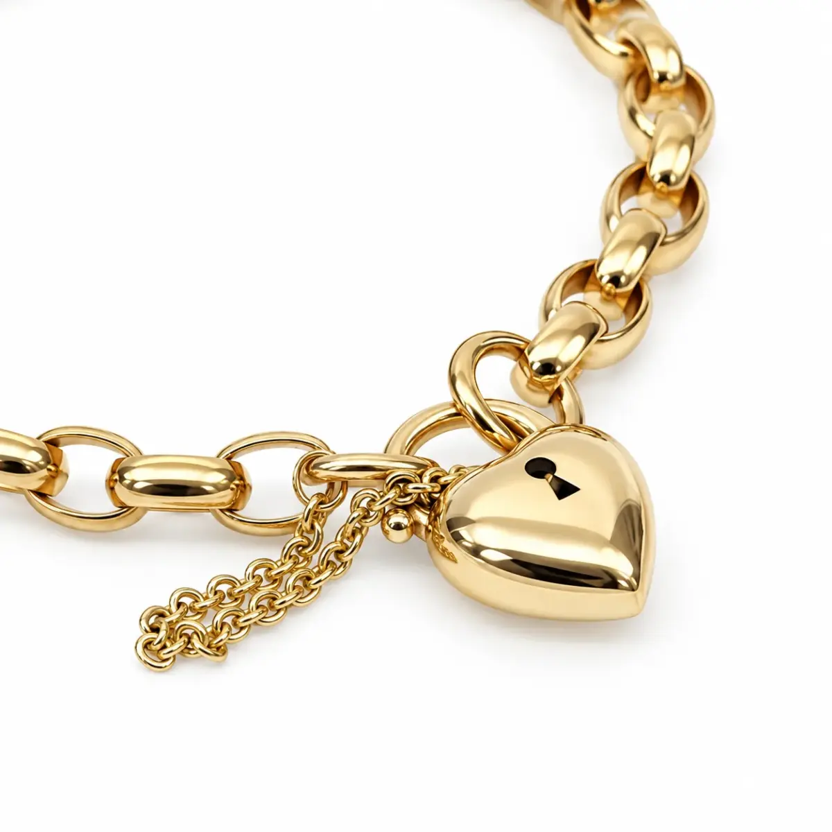 9ct Yellow Gold Solid Oval Belcher Bracelet with Puff Heart Padlock & Safety Chain – 21cm | 16.50g | Made in Italy - 9B9049