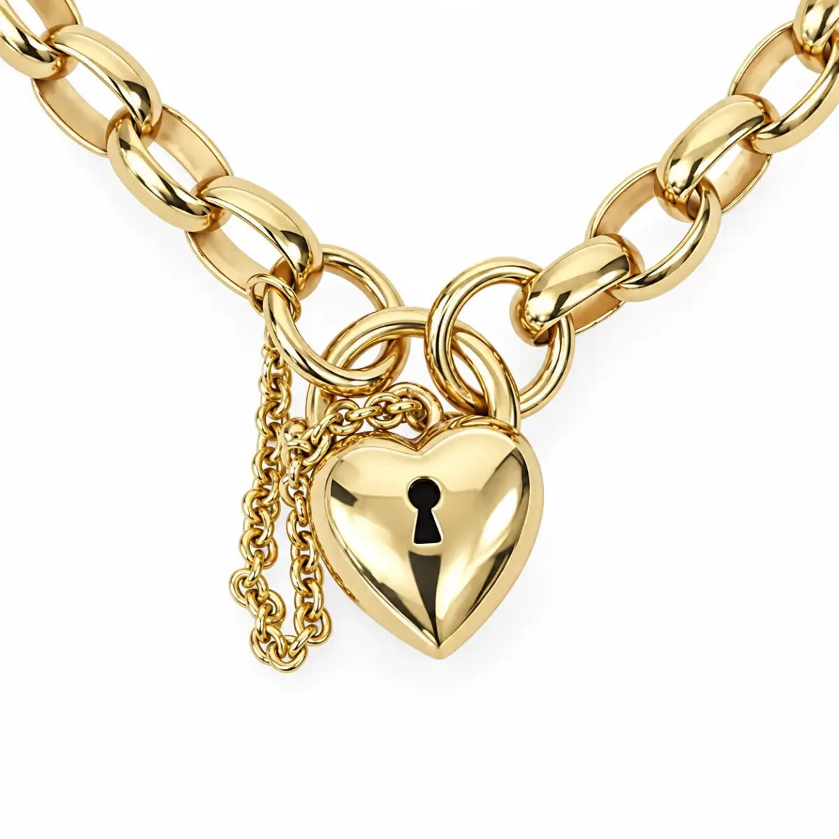 9ct Yellow Gold Solid Oval Belcher Bracelet with Puff Heart Padlock & Safety Chain – 21cm | 16.50g | Made in Italy - 9B9049