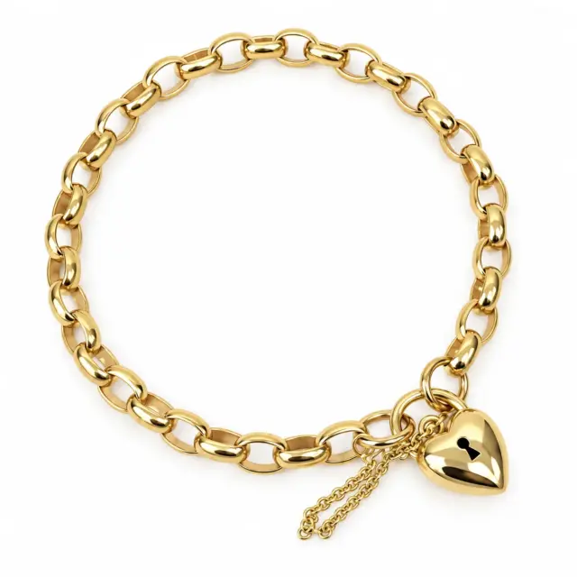 9ct Yellow Gold Solid Oval Belcher Bracelet with Puff Heart Padlock & Safety Chain – 21cm | 16.50g | Made in Italy - 9B9049