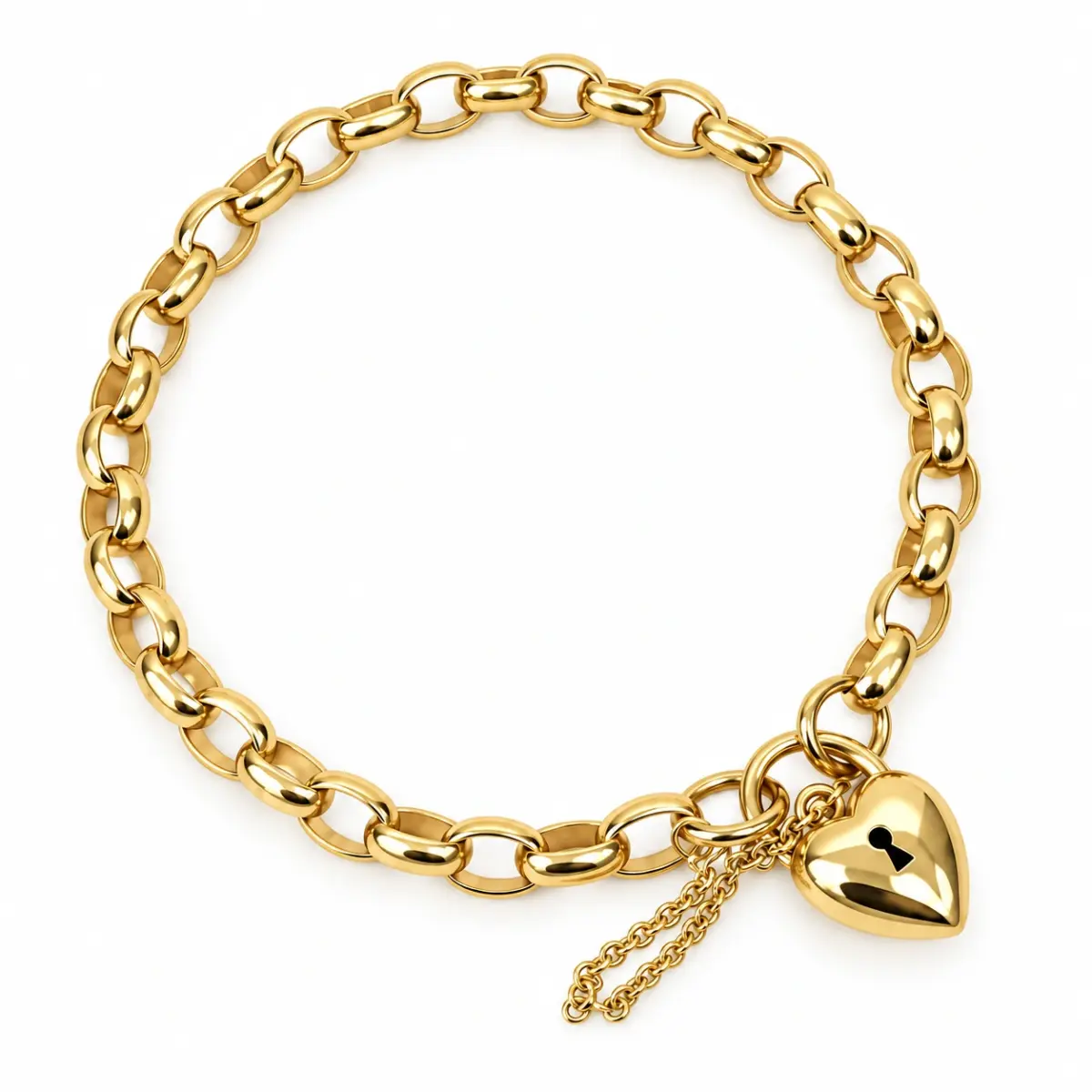 9ct Yellow Gold Solid Oval Belcher Bracelet with Puff Heart Padlock & Safety Chain – 21cm | 16.50g | Made in Italy - 9B9049