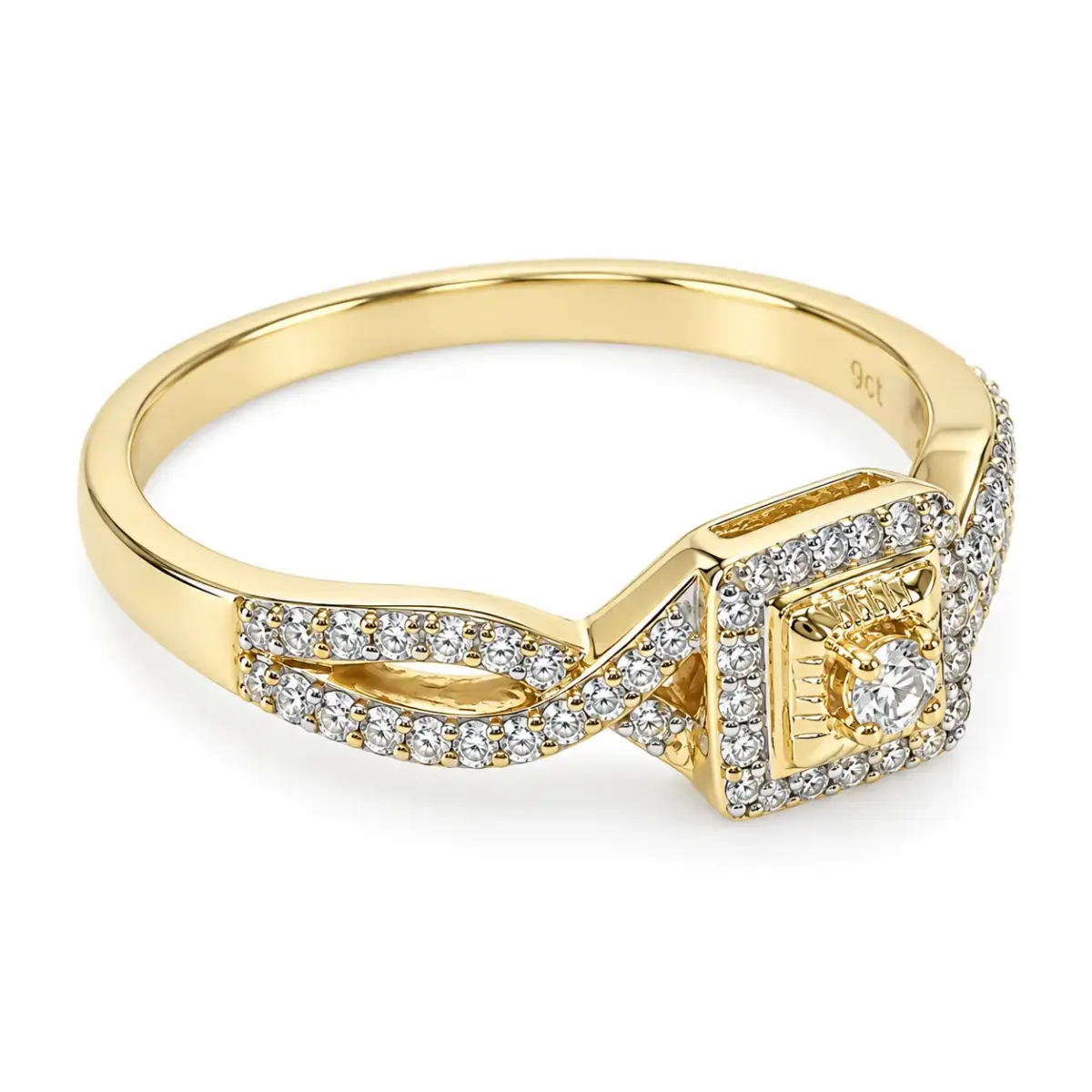 9ct Yellow Gold Square Halo CZ Engagement Ring with Twist Shoulders - 9YCYR6813