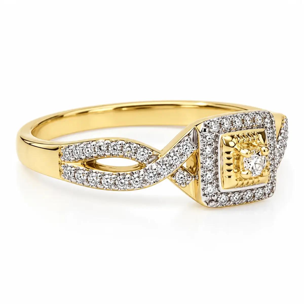9ct Yellow Gold Square Halo CZ Engagement Ring with Twist Shoulders - 9YCYR6813