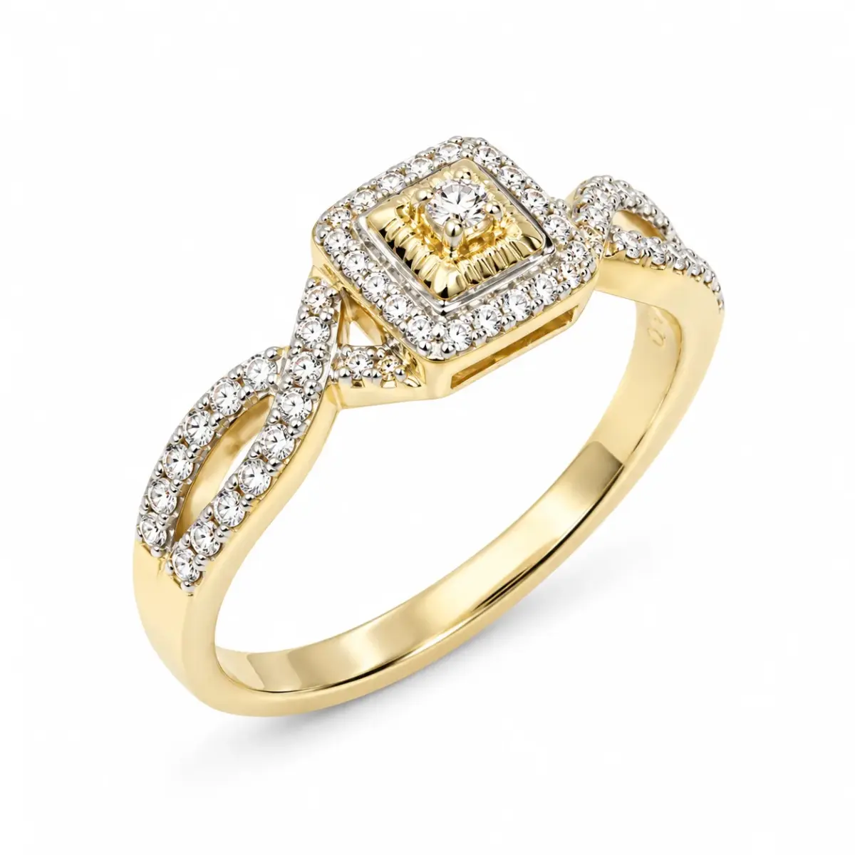 9ct Yellow Gold Square Halo CZ Engagement Ring with Twist Shoulders - 9YCYR6813