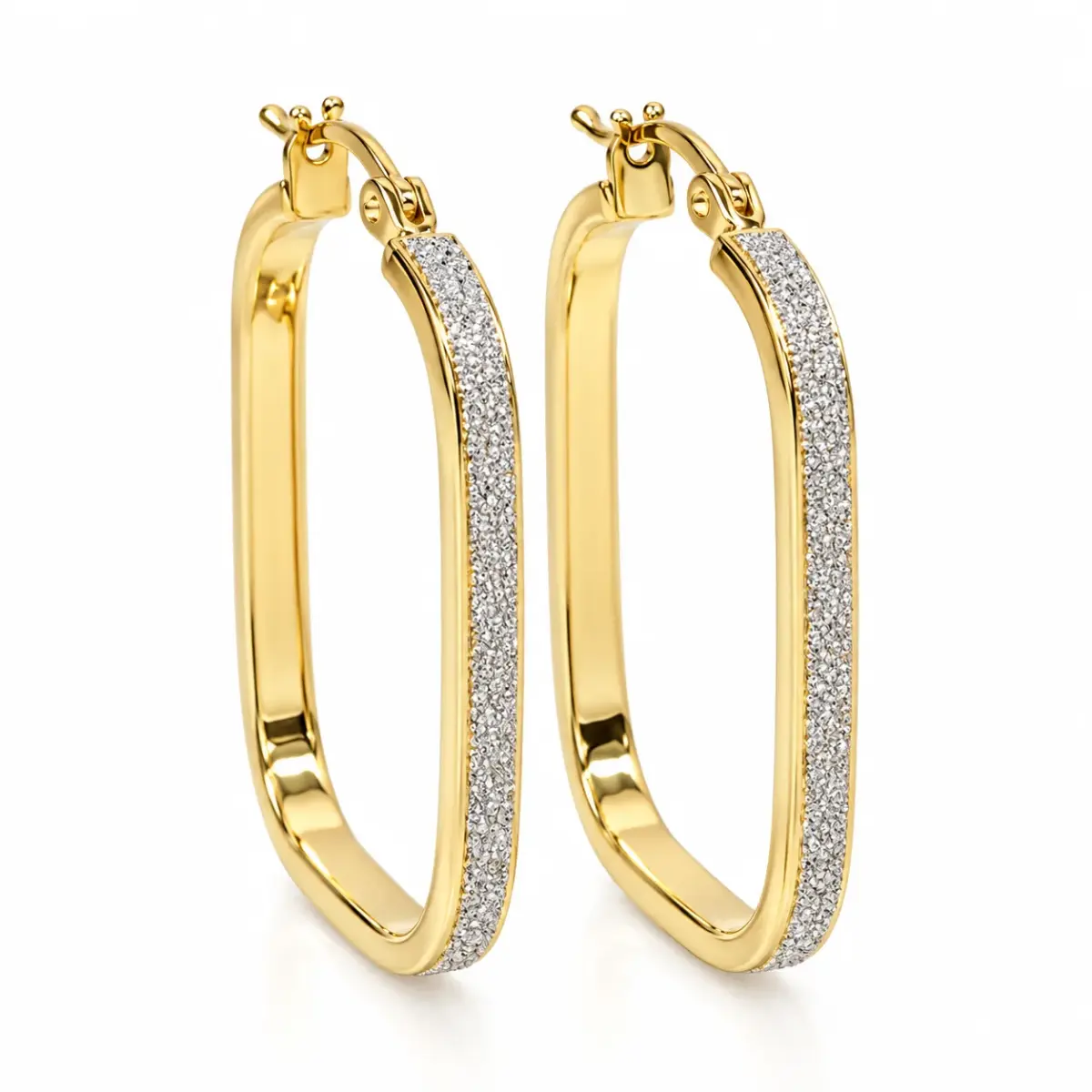 9ct Yellow Gold Stardust Finish Rectangular Hoop Earrings – 2.50mm Wide, 17mm x 25mm Internal Size - 1.51.1249