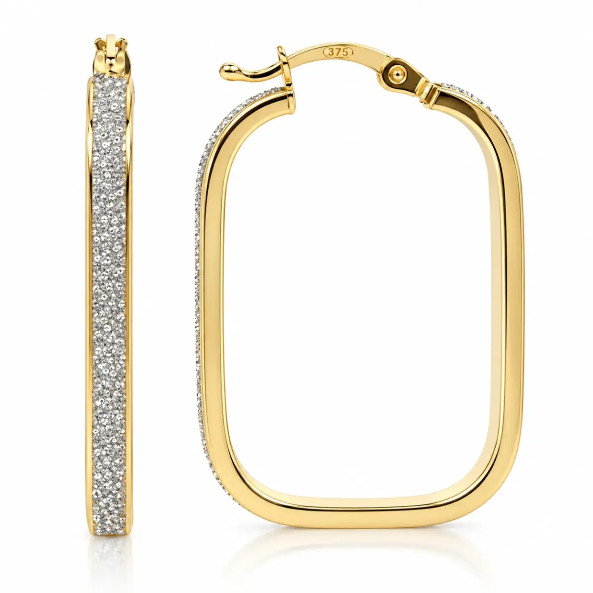 9ct Yellow Gold Stardust Finish Rectangular Hoop Earrings – 2.50mm Wide, 17mm x 25mm Internal Size - 1.51.1249