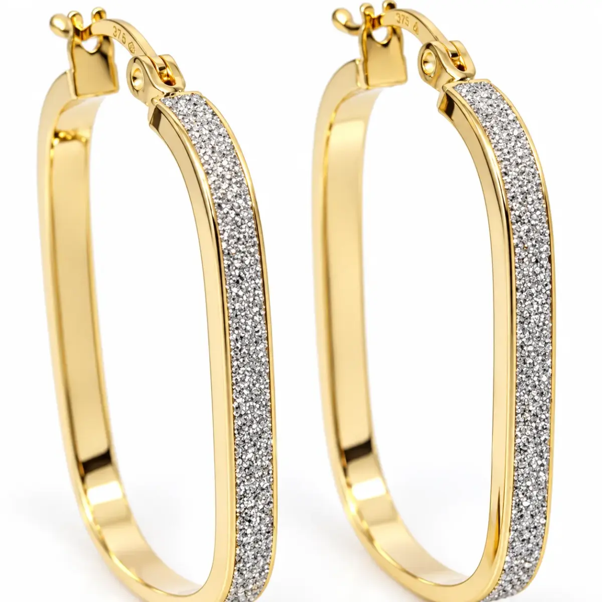 9ct Yellow Gold Stardust Finish Rectangular Hoop Earrings – 2.50mm Wide, 17mm x 25mm Internal Size - 1.51.1249