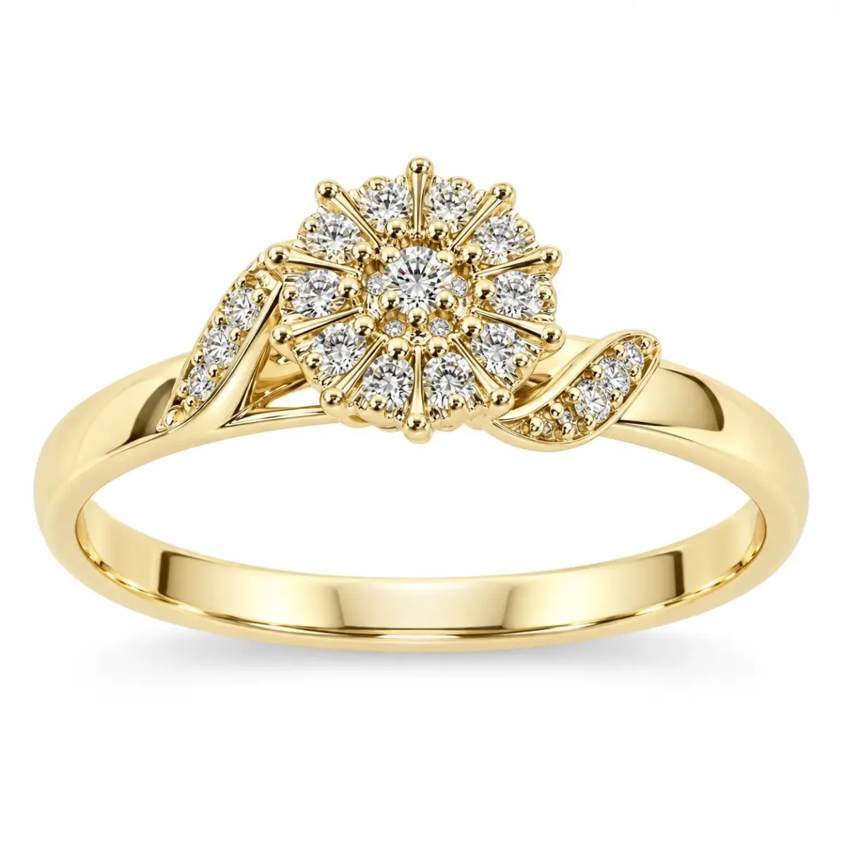 9ct Yellow Gold Round CZ Cluster Engagement Ring with Leaf-Style Shoulders