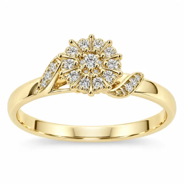 9ct Yellow Gold Round CZ Cluster Engagement Ring with Leaf-Style Shoulders
