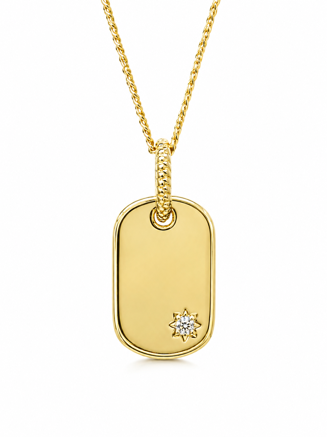 9ct Yellow Gold Diamond Set Dog Tag Pendant with Fancy Ring – NZ Made - 9P0088 Sterling Silver Chains 