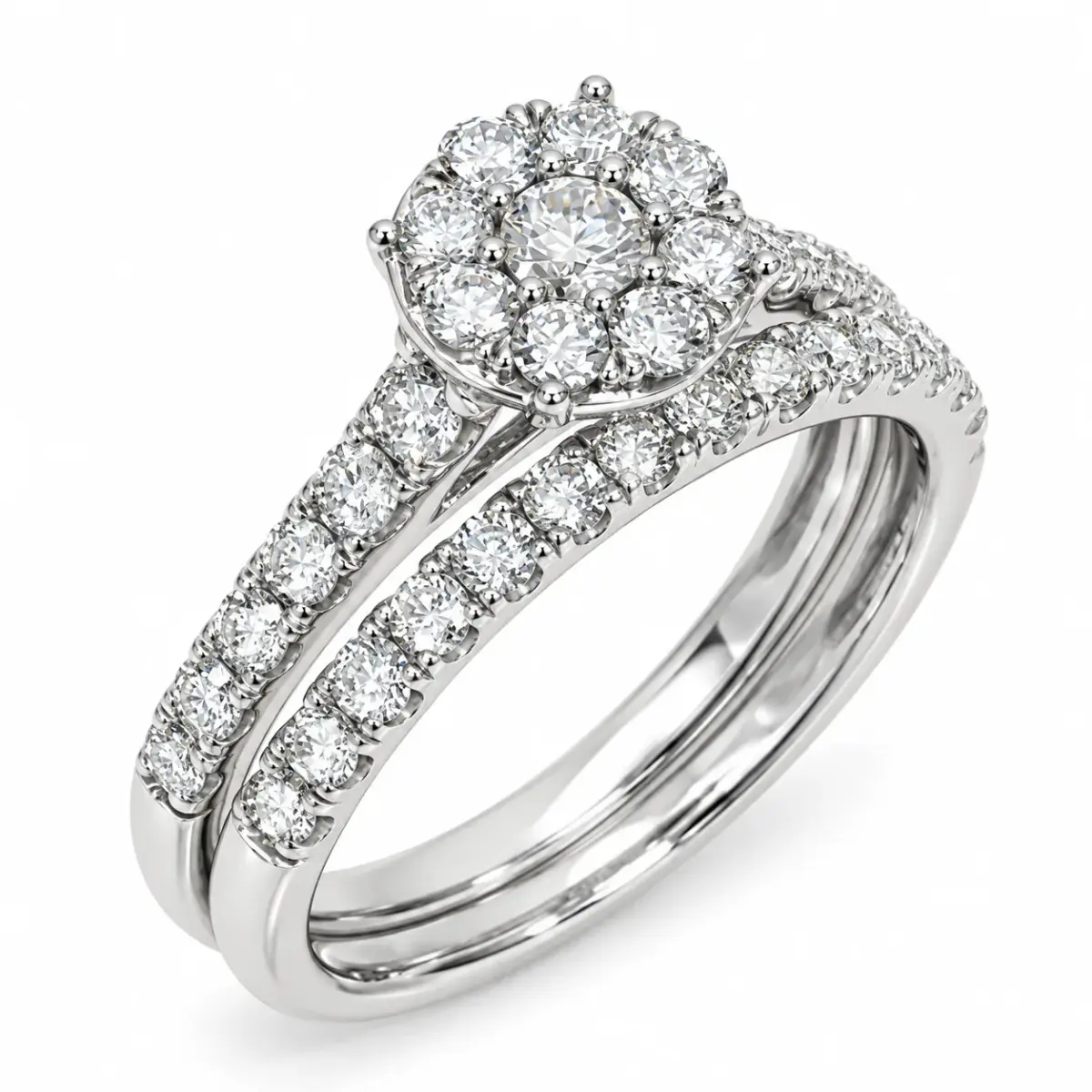 18ct White Gold 1.00ct TDW Natural Diamond Cluster 2-Piece Bridal Set - R41483