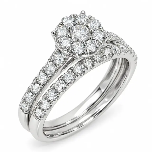 18ct White Gold 1.00ct TDW Natural Diamond Cluster 2-Piece Bridal Set - R41483