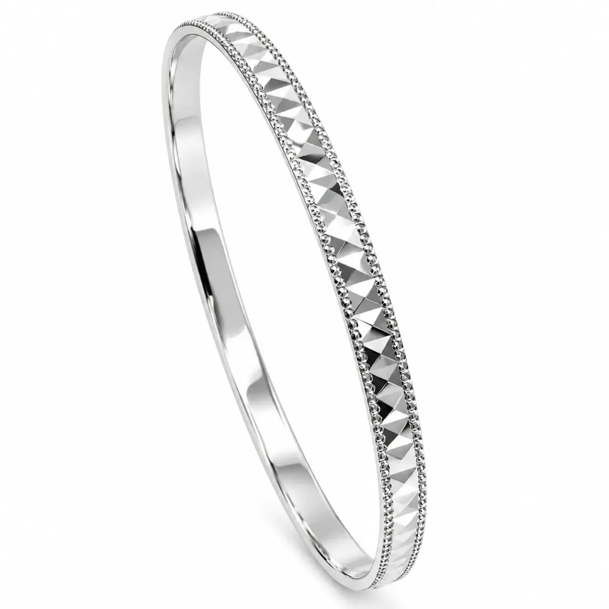 Sterling Silver Solid Faceted Centre & Milled Edge Bangle – 4.00mm - PT2382