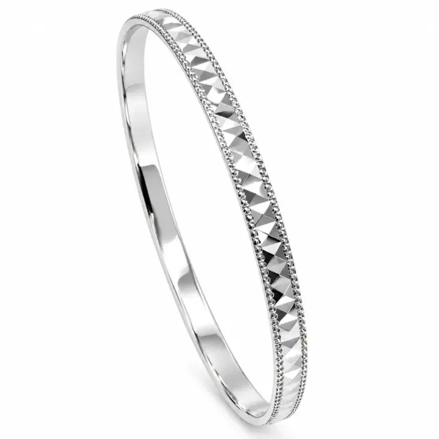 Sterling Silver Solid Faceted Centre & Milled Edge Bangle – 4.00mm - PT2382