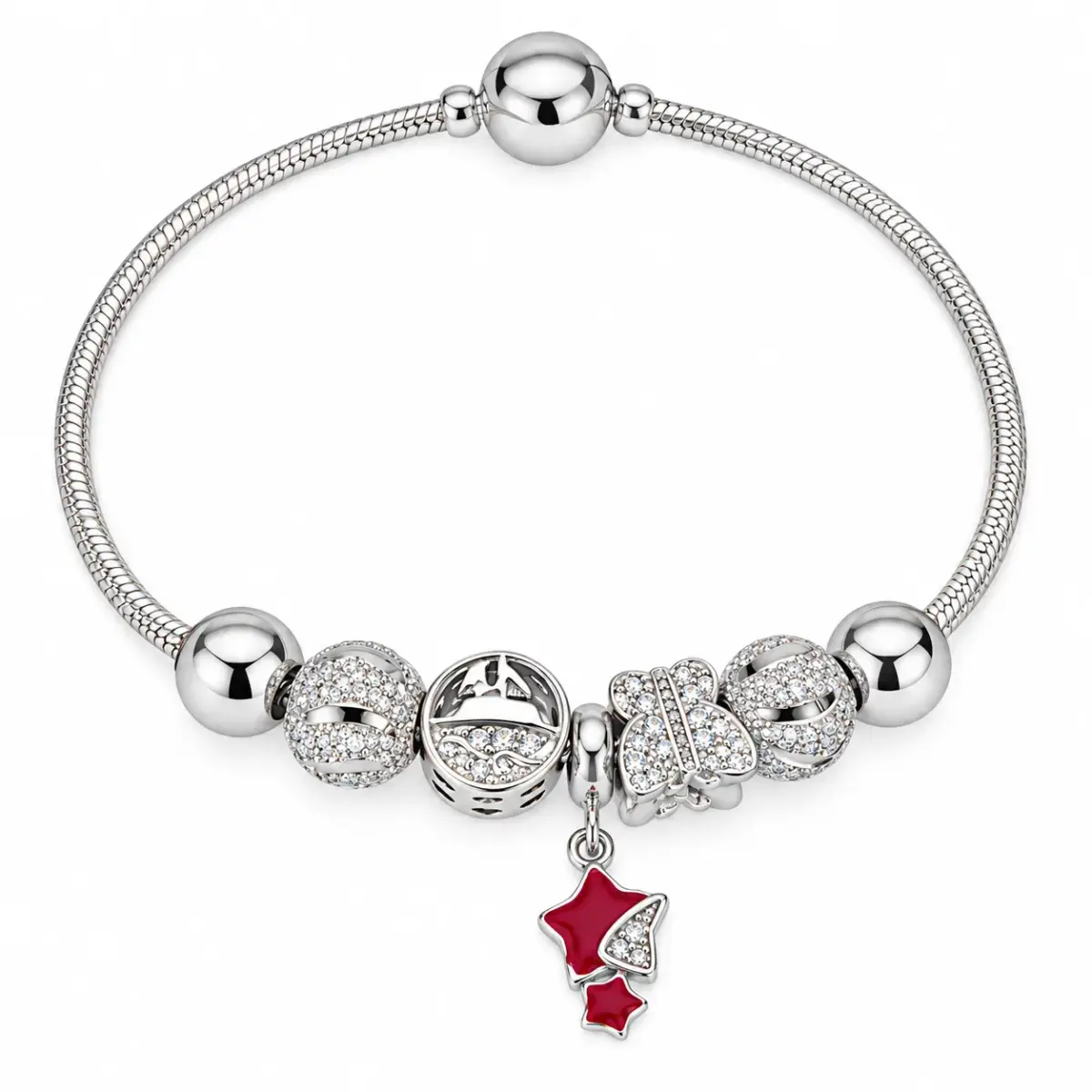 Sterling Silver Red Star & Butterfly Pandora Style Charm Bracelet – 17.5cm - SSPAN02