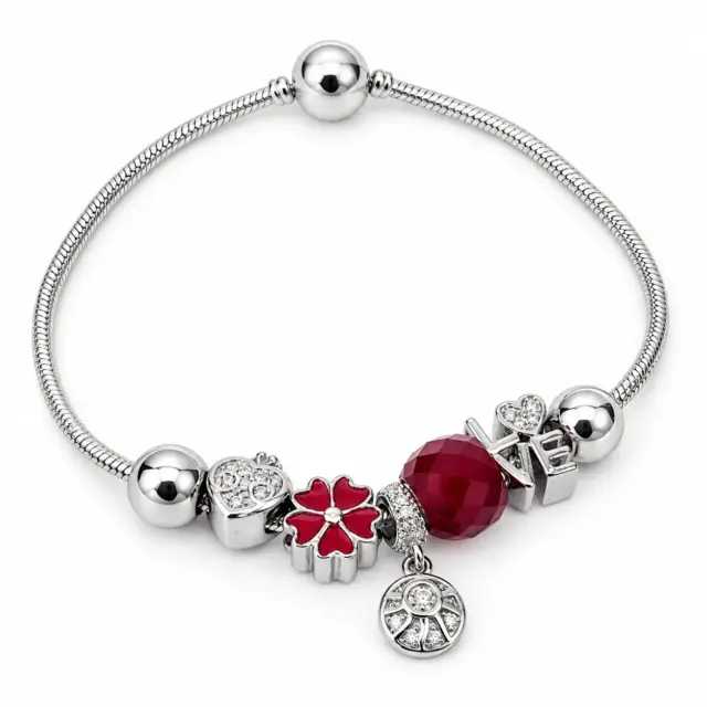 Sterling Silver Red Flower, Heart & LOVE Pandora-Style Charm Bracelet – 17.5cm - SSPAN03
