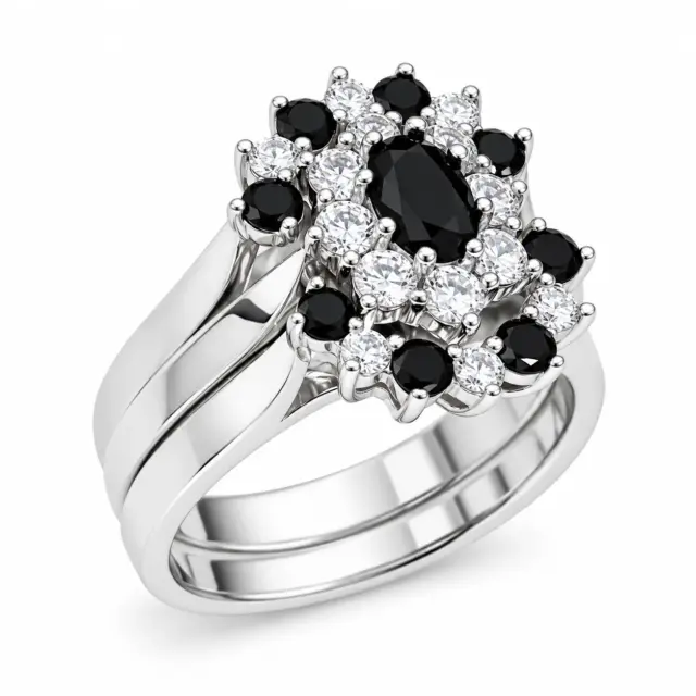 Sterling Silver 3-Piece Black & Clear CZ Oval Cluster Ring Set - R005-925-CZ-BLK
