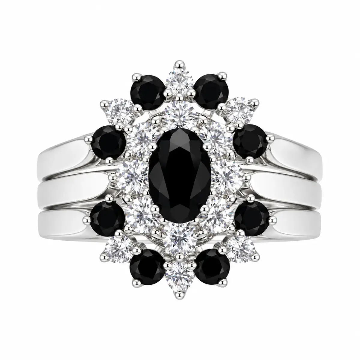 Sterling Silver 3-Piece Black & Clear CZ Oval Cluster Ring Set - R005-925-CZ-BLK