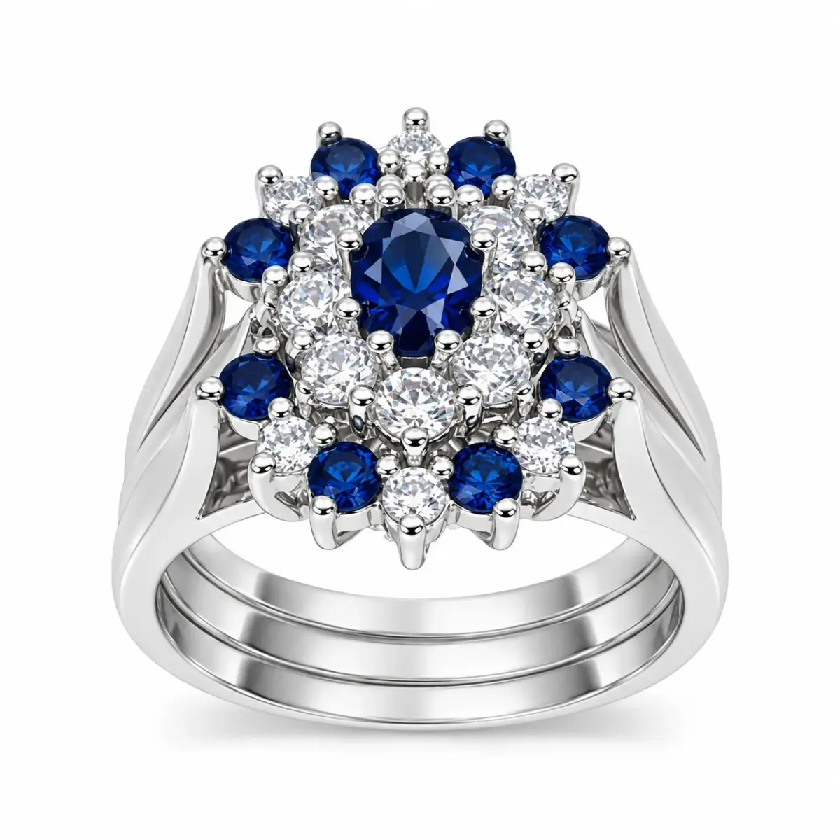 Sterling Silver 3-Piece Blue & Clear CZ Oval Cluster Ring Set - R005-925-CZ-BLU