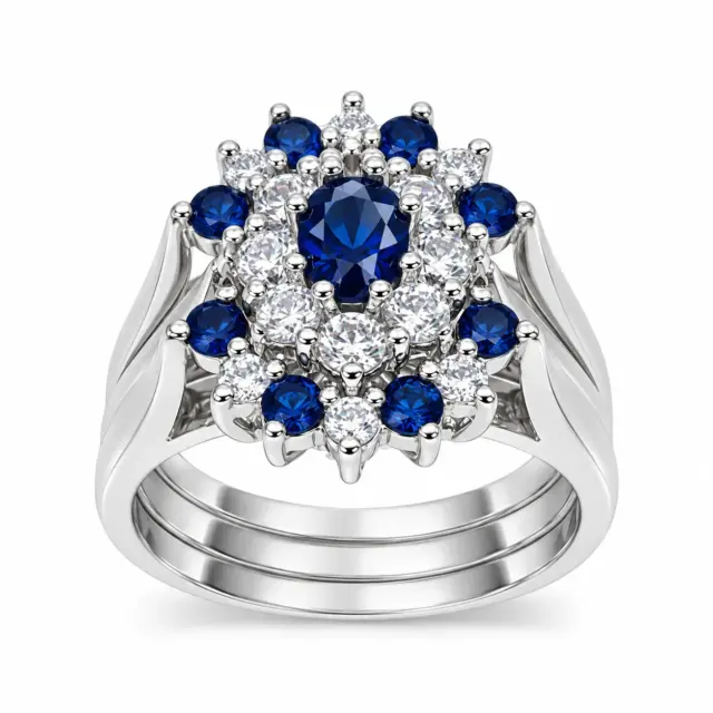 Sterling Silver 3-Piece Blue & Clear CZ Oval Cluster Ring Set - R005-925-CZ-BLU