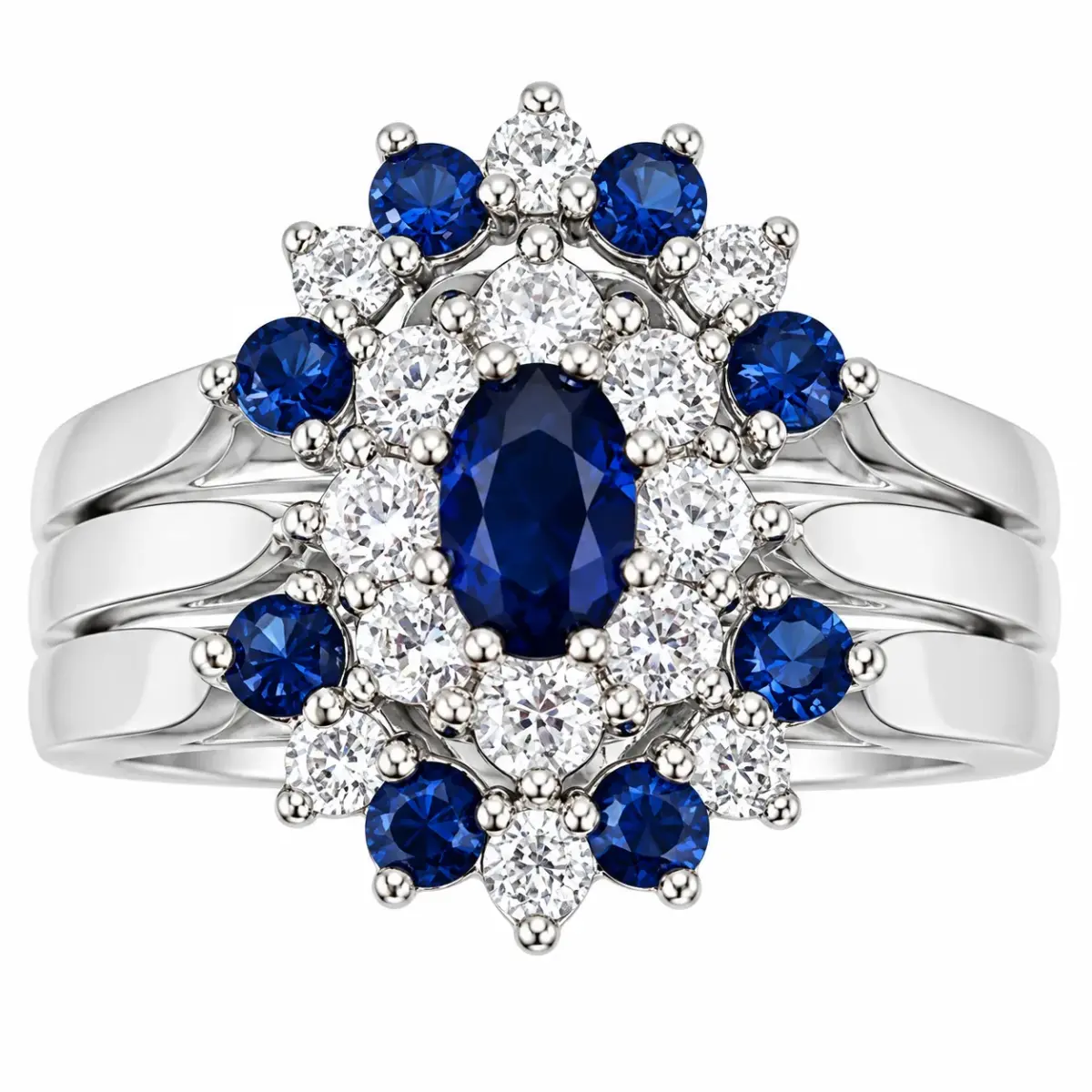 Sterling Silver 3-Piece Blue & Clear CZ Oval Cluster Ring Set - R005-925-CZ-BLU