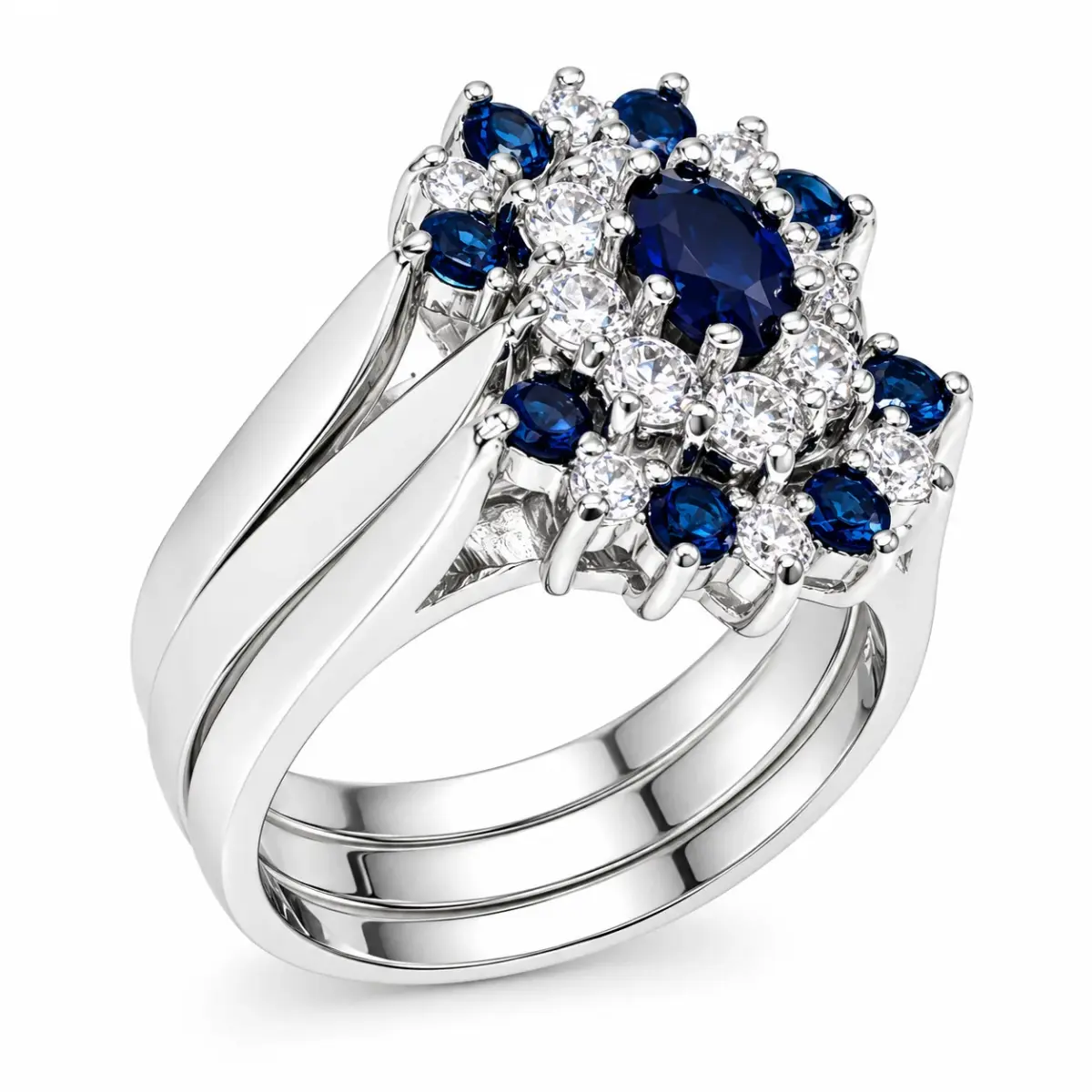 Sterling Silver 3-Piece Blue & Clear CZ Oval Cluster Ring Set - R005-925-CZ-BLU