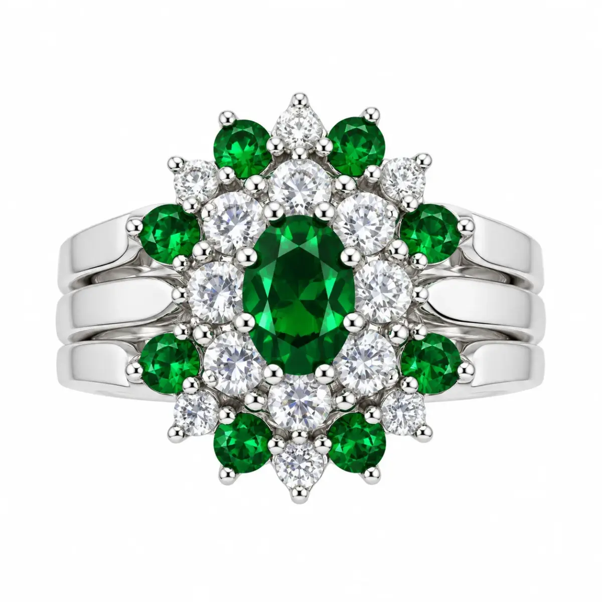 Sterling Silver 3-Piece Green & Clear CZ Oval Cluster Ring Set - R005-925-CZ-GRN