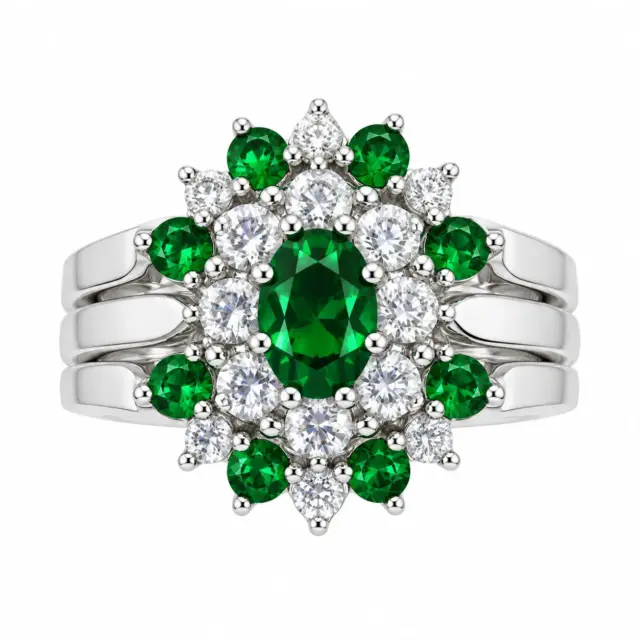 Sterling Silver 3-Piece Green & Clear CZ Oval Cluster Ring Set - R005-925-CZ-GRN