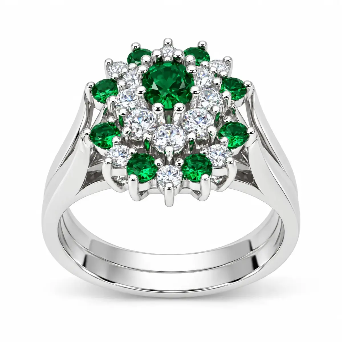 Sterling Silver 3-Piece Green & Clear CZ Oval Cluster Ring Set - R005-925-CZ-GRN