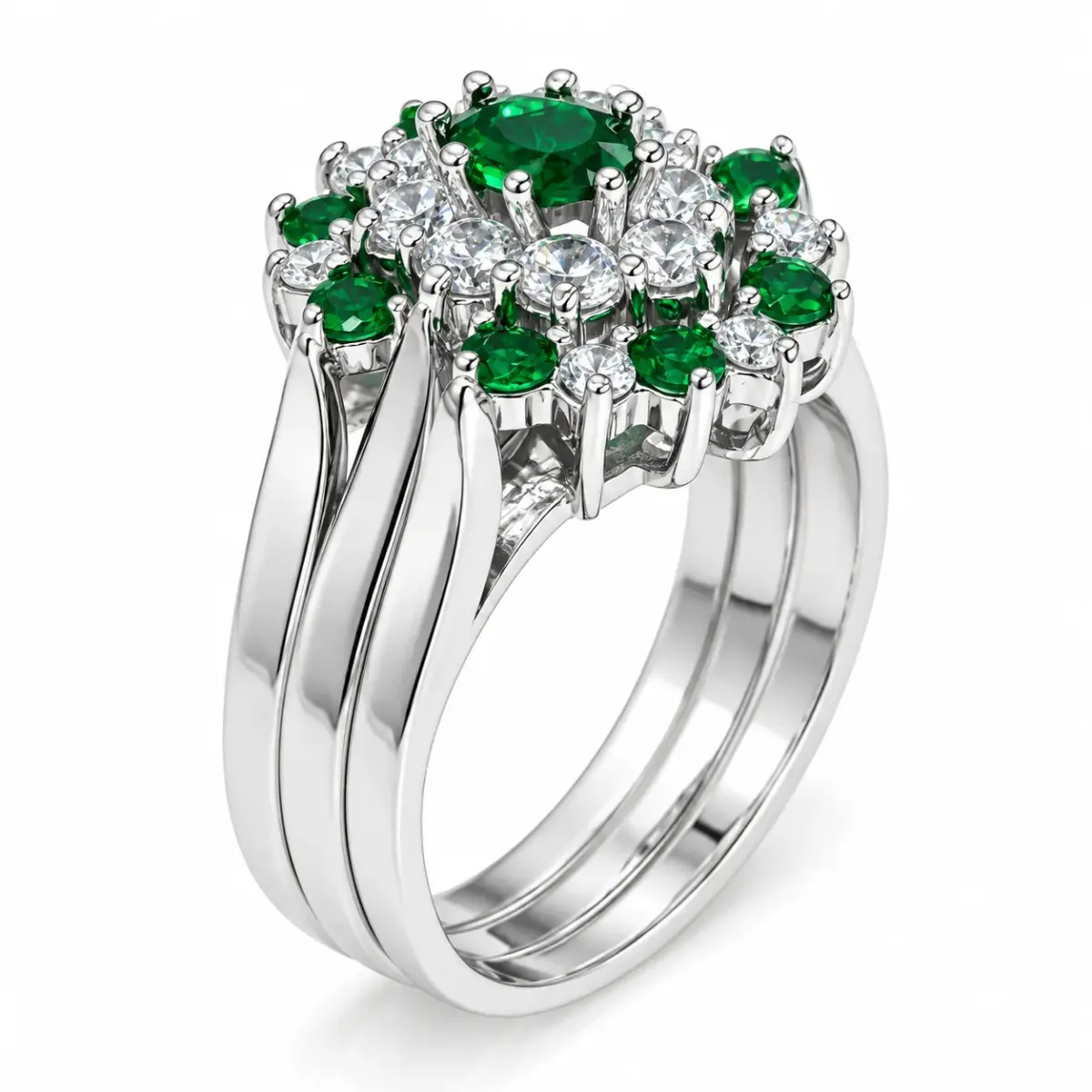 Sterling Silver 3-Piece Green & Clear CZ Oval Cluster Ring Set - R005-925-CZ-GRN