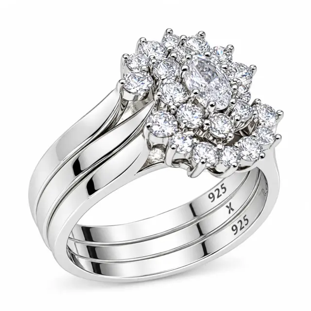 Sterling Silver 3-Piece Oval CZ Cluster Bridal Ring Set - R005-925-CZ-CLR