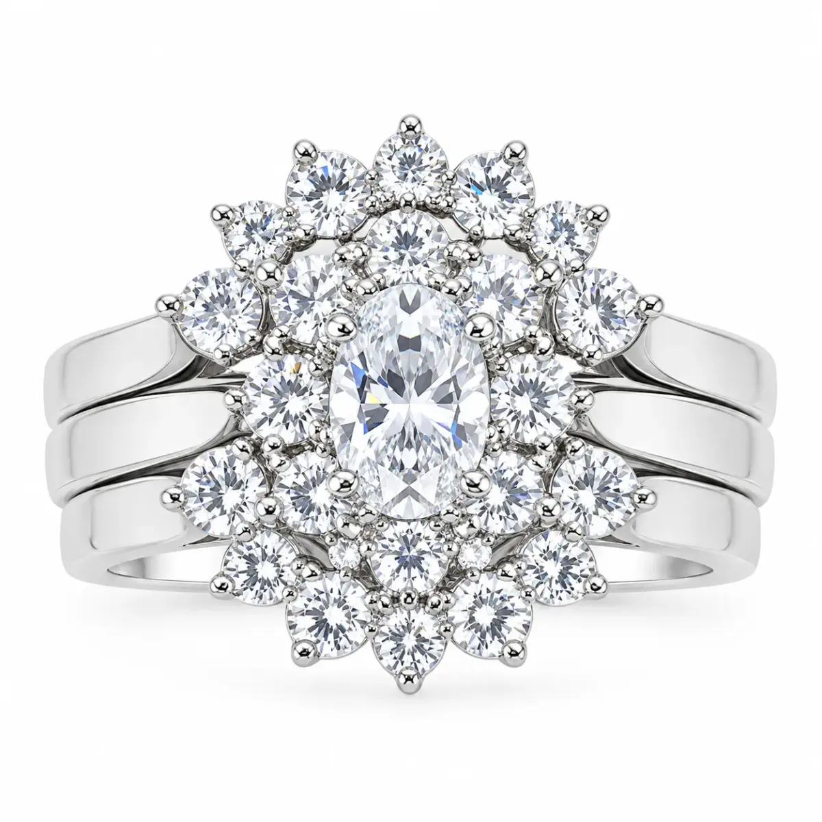 Sterling Silver 3-Piece Oval CZ Cluster Bridal Ring Set - R005-925-CZ-CLR