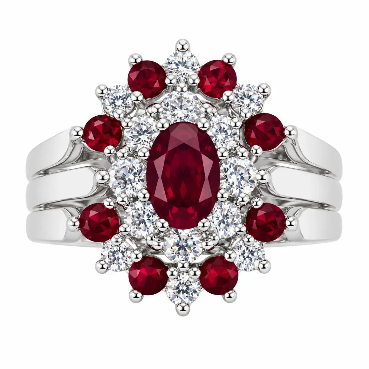 Sterling Silver 3-Piece Red & Clear CZ Oval Cluster Ring Set - R005-925-CZ-RED